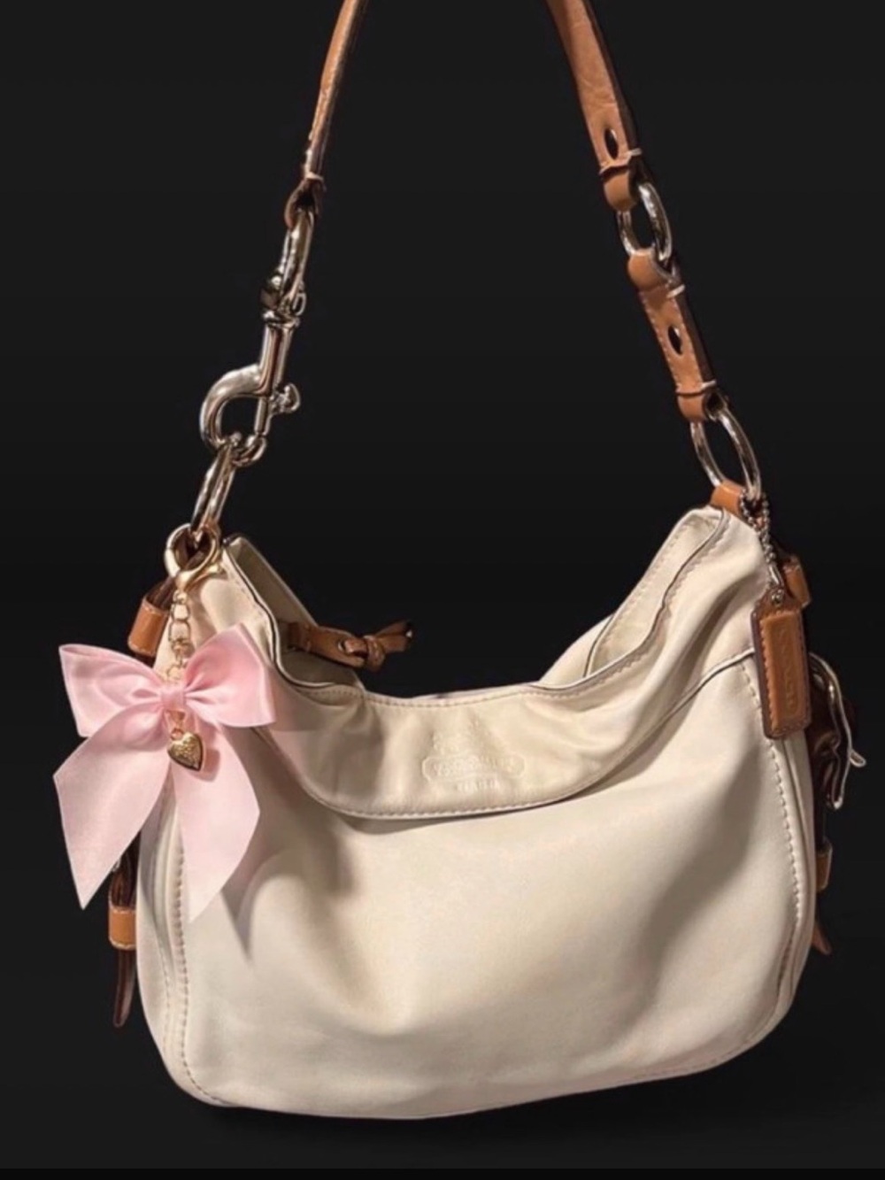 Coach Cream Shoulder Bag with Tan Strap and Pink Bow Charm
